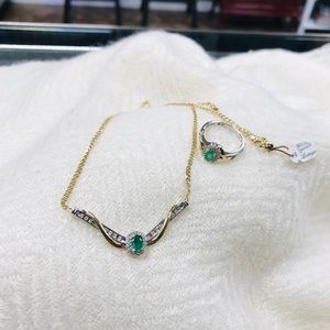 10k Two Tone Genuine Emerald/Diamond 2Pc Set